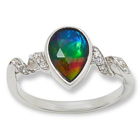 Canadian Ammolite Gems Pear-Shape Ammolite and White Topaz Ring