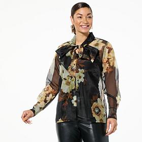 Colleen Lopez Button Front Chiffon Blouse with Tie Neck