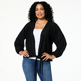 Colleen Lopez Crochet Eyelet Knit Tie-Front Topper