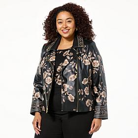 Colleen Lopez Embroidered Faux Leather and Print Moto Jacket