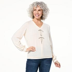 Colleen Lopez Long-Sleeve Blouson Sweater with Metallic Ties