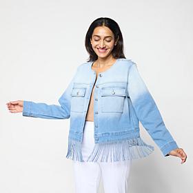 Colleen Lopez Ombre Denim Fringe Trim Button-Front Jacket