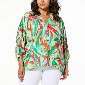 Colleen Lopez Printed Woven Dolman Top with Button Front