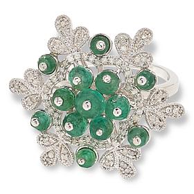 Colleen Lopez Sterling Silver Emerald Bead and Diamond Floral Ring