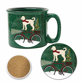 Courtside Market White Doodle on Bike 15 oz Cozy Mug & Coaster Set