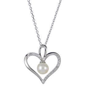 Cultured Freshwater Pearl and Created White Sapphire Heart Pendant