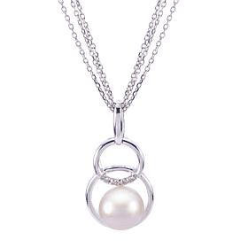 Cultured Freshwater Pearl & Diamond Double Circle Pendant with Chain