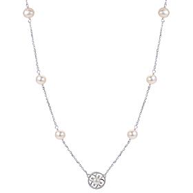 Cultured Pearl and Created Sapphire Quatrefoil Station Necklace