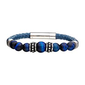 Dante Men's Blue and White Tiger's Eye Bead Leather Bracelet