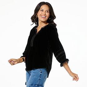 Democracy 3/4-Sleeve Embroidered Velvet Top