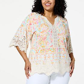 Democracy Embroidered Crochet Trim Peplum Top