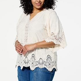 Democracy Embroidered Crochet Trim Peplum Top