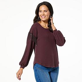 Democracy Scoop-Neck Fringe Sleeve Knit Top