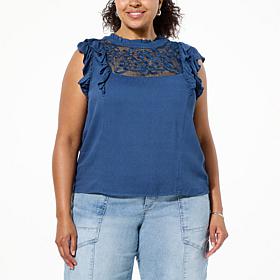 Democracy Woven Crepe Double Ruffle Cap-Sleeve Top