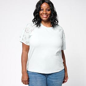 DG2 by Diane Gilman Cotton Jersey Mixed Media Eyelet Sleeve Top