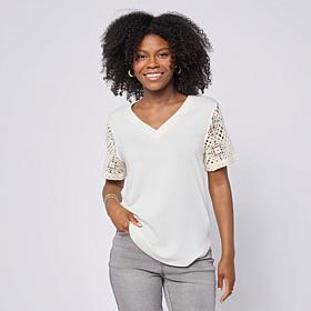 DG2 by Diane Gilman Crochet Lace V-Neck Tee