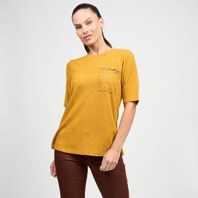 DG2 by Diane Gilman Embellished Brushed Sweater Knit Short-Sleeve Top
