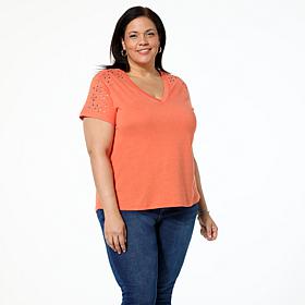 DG2 by Diane Gilman Embellished Rhinestone V-Neck Short Sleeve Tee