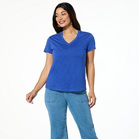 DG2 by Diane Gilman Embellished Rhinestone V-Neck Short Sleeve Tee