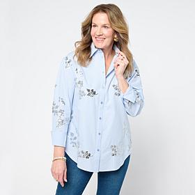 DG2 by Diane Gilman Embellished Striped Poplin Button-Down Shirt