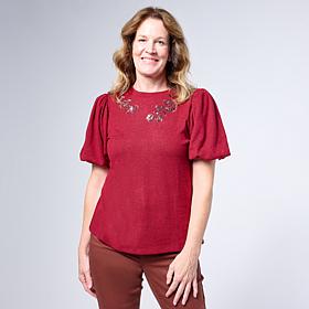 DG2 by
Diane Gilman Embroidered Balloon-Sleeve Brushed Knit Top