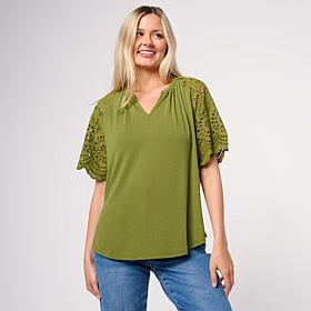 DG2 by
Diane Gilman Embroidered Eyelet Sleeve Mixed Media Tee