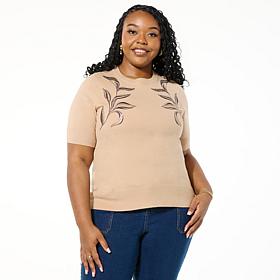 DG2 by Diane Gilman Embroidered Short-Sleeve SoftEase Sweater