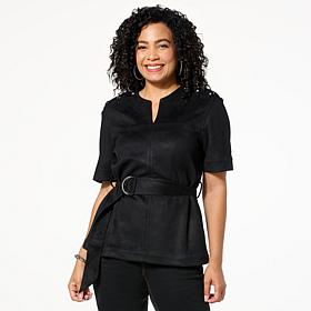 DG2 by Diane Gilman Faux Suede Button Detail Belted Tunic