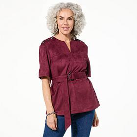 DG2 by Diane Gilman Faux Suede Button Detail Belted Tunic