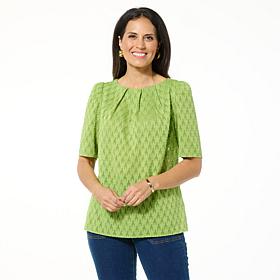 DG2 by Diane Gilman Geometric Clipped Jacquard Pleated Blouse