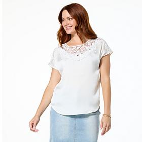 DG2 by Diane Gilman Just Like Silk Crochet Lace Yoke Dolman Top