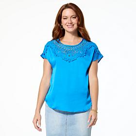 DG2 by Diane Gilman Just Like Silk Crochet Lace Yoke Dolman Top