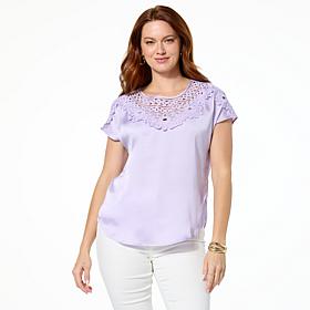 DG2 by Diane Gilman Just Like Silk Crochet Lace Yoke Dolman Top