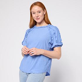 DG2 by Diane Gilman Knit Plisse Short Sleeve Ruffle Top