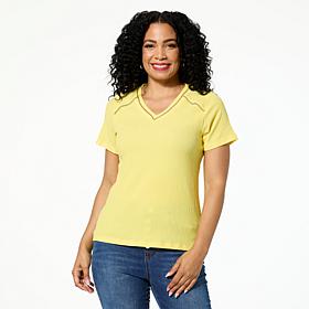 DG2 by Diane Gilman Knit Plissé V-Neck Top with Studded Trim