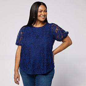 DG2 by Diane Gilman Lace Eyelet Embroidered Puff-Sleeve Top