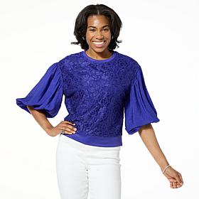 DG2 by Diane Gilman Lace-Front 3/4 Lantern Sleeve Blouse