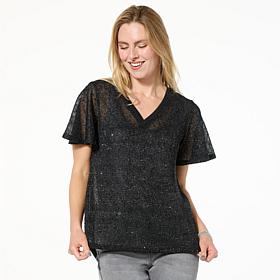 DG2 by Diane Gilman Mesh Knit Flutter-Sleeve Sweater with Sequins