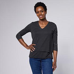 DG2 by Diane Gilman Metallic Striped Jersey V-Neck Easy Top
