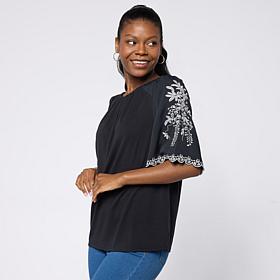 DG2 by Diane Gilman Mixed Media Embroidered Sleeve Top