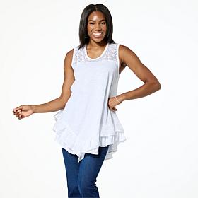 DG2 by Diane Gilman Mixed Media Eyelet Knit Ruffled Tank