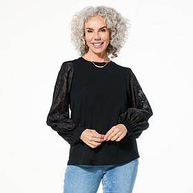 DG2 by
Diane Gilman Mixed Media Knit Top with Floral Burnout Sleeve