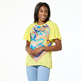 DG2 by Diane Gilman Mixed Media Scarf Printed Flutter Sleeve Top
