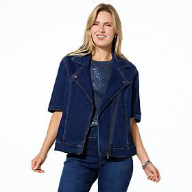 DG2 by Diane Gilman New Classic Stretch Denim Elbow Sleeve Moto Jacket