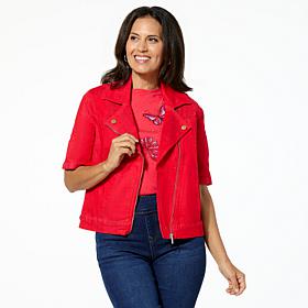 DG2 by Diane Gilman New Classic Stretch Denim Elbow Sleeve Moto Jacket