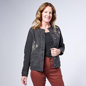 DG2 by Diane Gilman New Classic Stretch Denim Embroidered Jacket