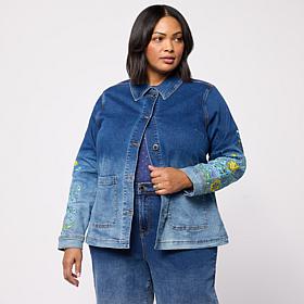 DG2 by Diane Gilman Ombre Dyed Embroidered Sleeve Denim Jacket
