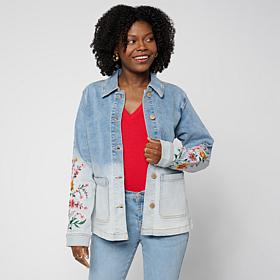 DG2 by Diane Gilman Ombre Dyed Embroidered Sleeve Denim Jacket