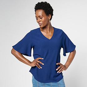 DG2 by Diane Gilman Plissé Knit Flutter-Sleeve V-Neck Top