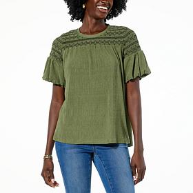 DG2 by Diane Gilman Plissé Knit Lantern-Sleeve Smocked Top